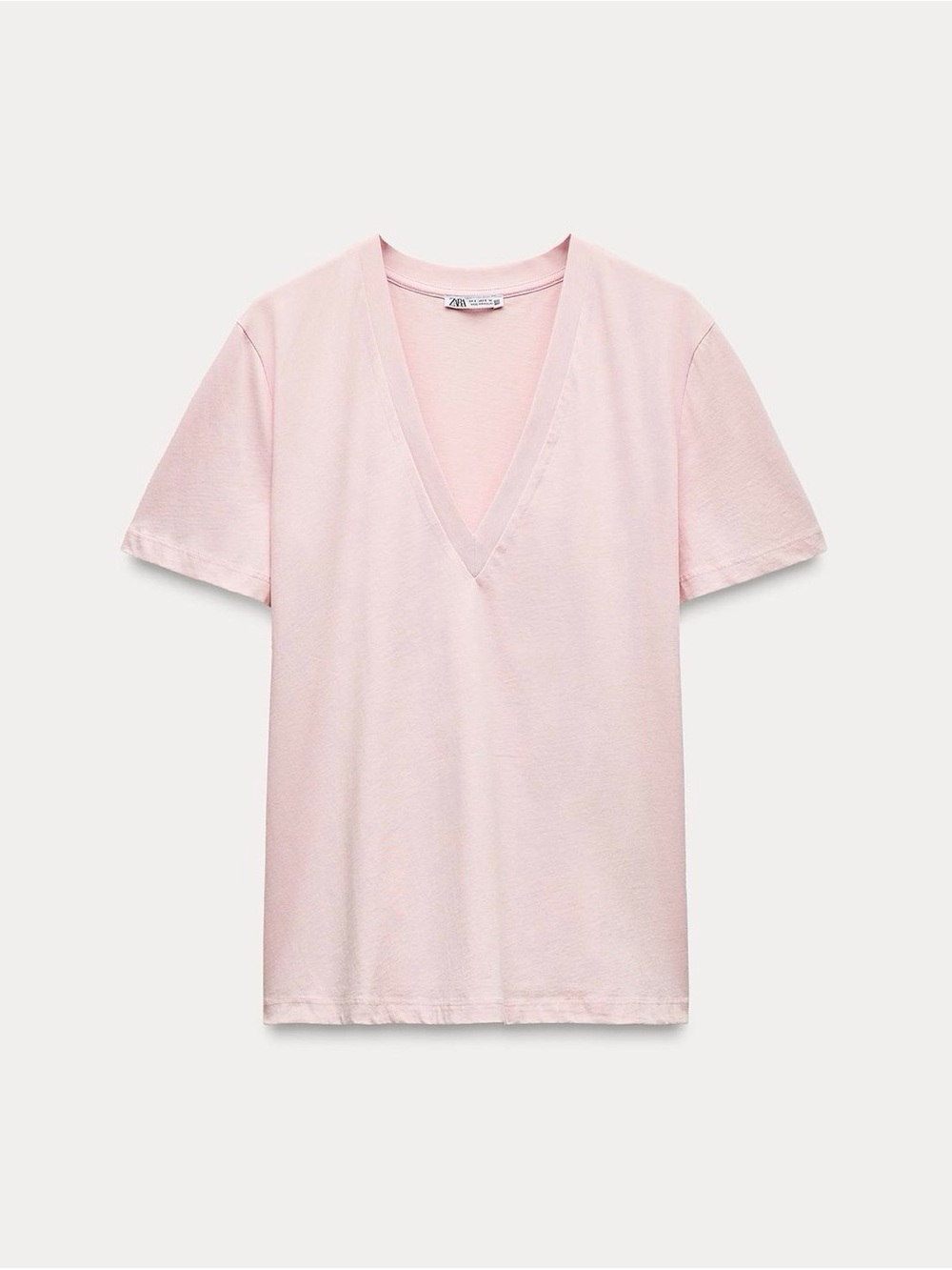 Zara Washed Effect Ribbed Light Pink V-Neck Short Sleeve Tee